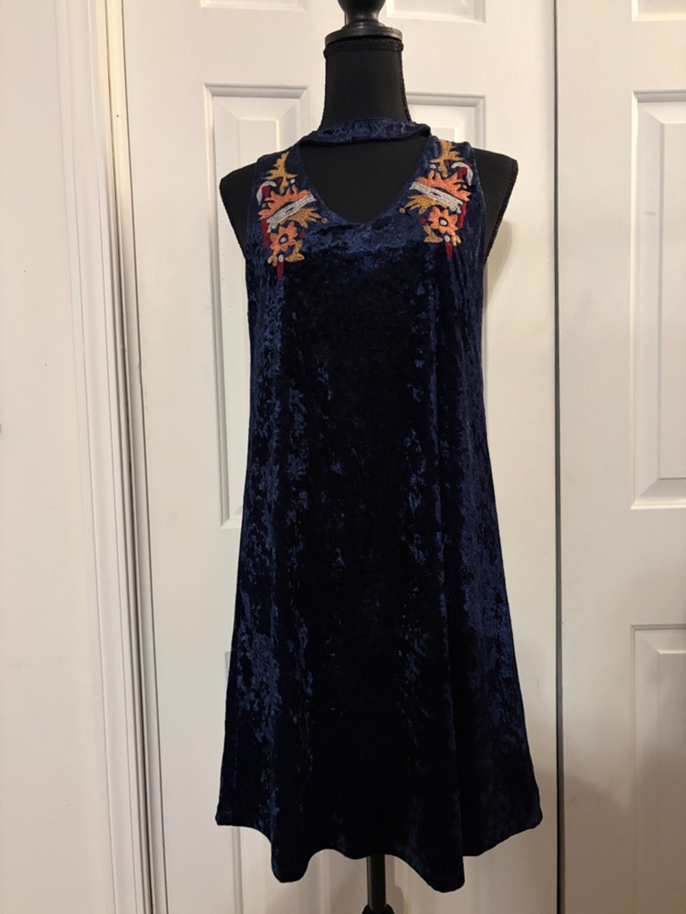 THML Navy Velvet Embroidered Mini Dress with Orange and Yellow Accents